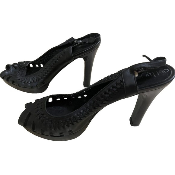 Cathy Jean Shoes Leather Open Toe Block High Heel Strappy Sandal Vintage Black 7 - Picture 3 of 5